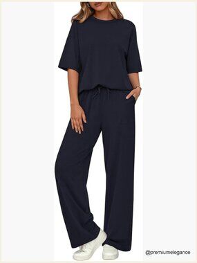 Two Piece Lounge Set - Short Sleeve Top & Wide Leg Pants